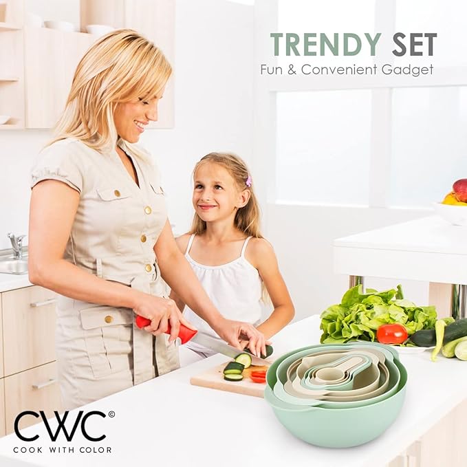 COOK WITH COLOR Nesting Bowls with Measuring Cups Colander and Sifter Set - Includes Mixing Bowls, Colander, Sifter and Measuring Cups, Mint, 8 Pc Bowl