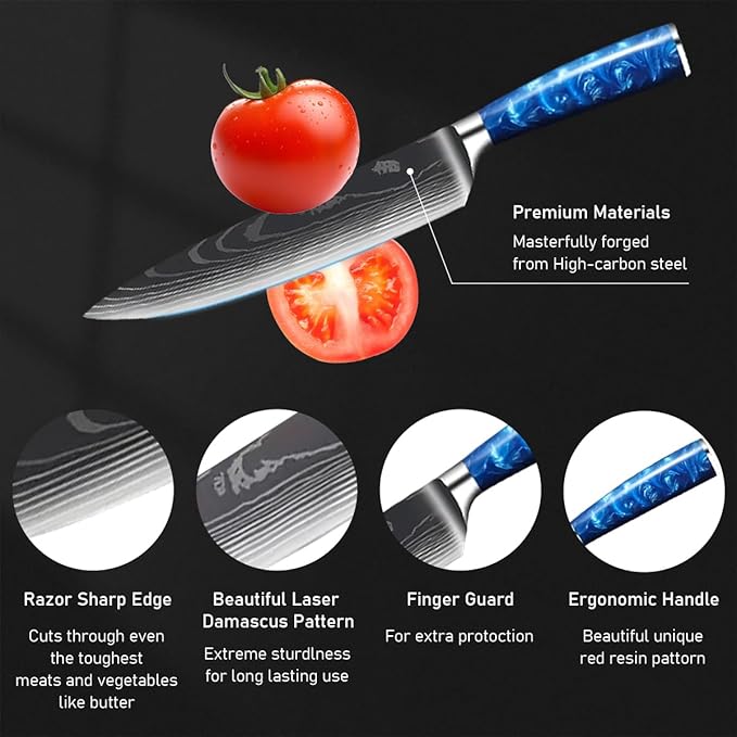8-Piece Premium Japanese Kitchen Knife Set - Imperial Collection, Laser Damascus Pattern, 440A Stainless Steel Ultra Sharp for Fast Cutting (Blue 8J)