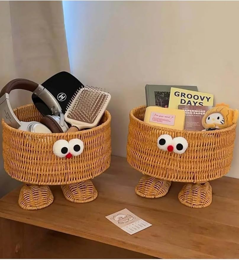 hand-woven round rattan basket storage basket storage box ornaments decorative basket multifunctional picnic food bread basket fruit gift basket key basket. (cartoon)