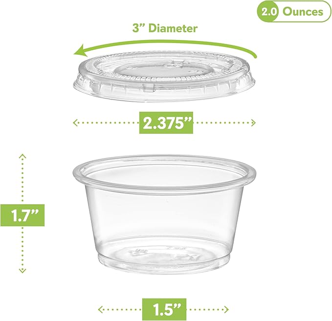 (2 oz - 100 Sets) Clear Diposable Plastic Portion Cups With Lids, Small Mini Containers For Portion Controll, Jello Shots, Meal Prep, Sauce Cups, Slime, Condiments, Medicine, Dressings, Crafts,