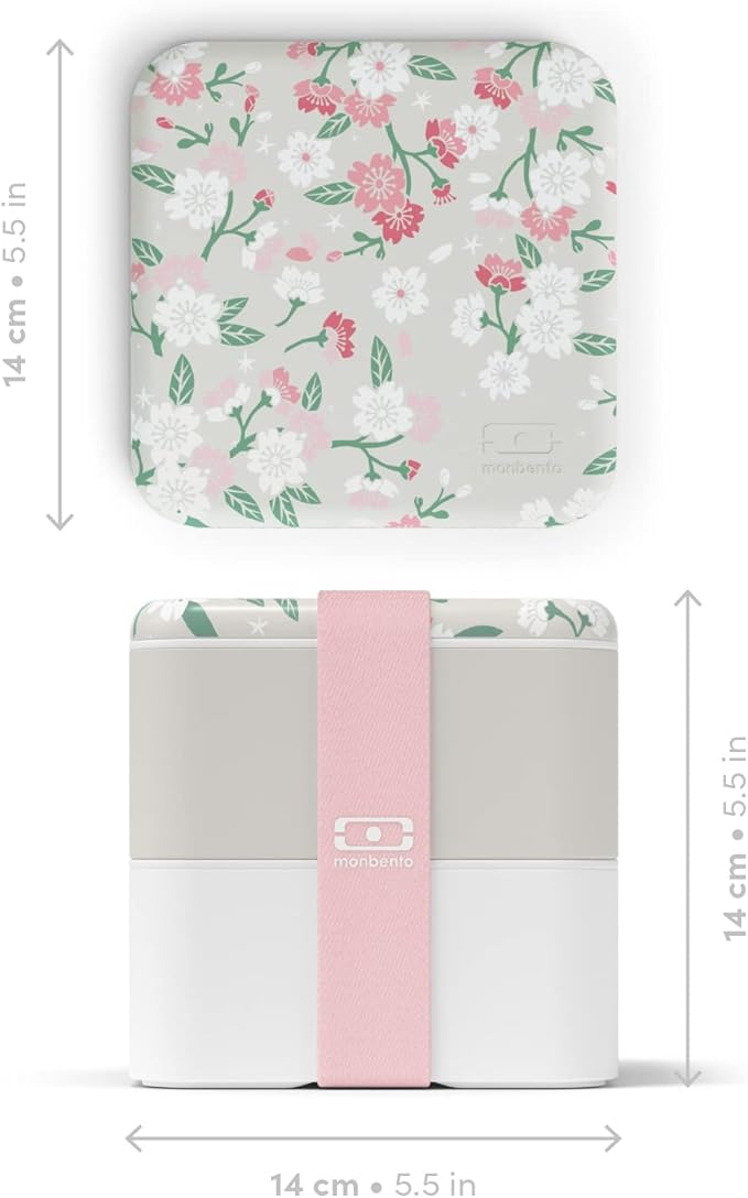 monbento - Large Bento Box MB Square Sakura with Compartments - Leakproof Lunch Box for Work and Meal Prep - BPA Free - Food Grade Safe - Japanese Flowers - Grey