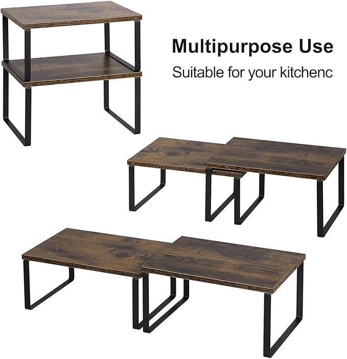 MOOACE Kitchen Counter Shelf, Stackable Cabinet Shelf Organizers Expandable Countertop Shelf for Pantry - Set of 4 - Brown