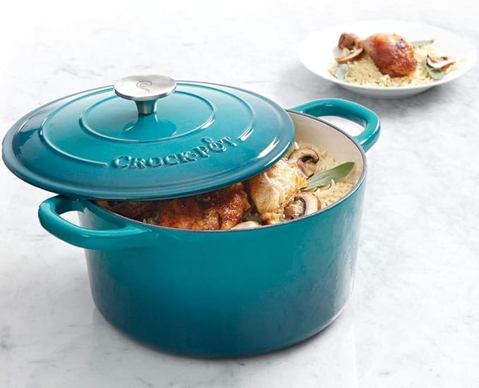 Crock-Pot Artisan 5-Quart Round Enameled Cast Iron Dutch Oven – Teal Ombre, Durable Heavy-Duty Cookware for Slow Cooking, Roasting, Baking with Lid