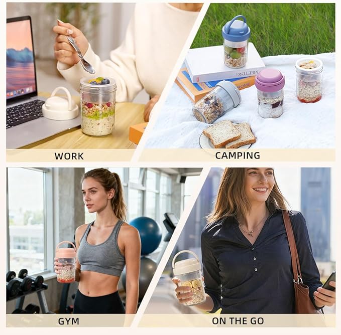 2 Pack Overnight Oats Containers with Lids and Handles, Folding Spoons & Divided Compartments for Fruit & Nuts, 16oz Glass Mason Jars for Oatmeal, Meal Prep & Breakfast (Cream/Blue)