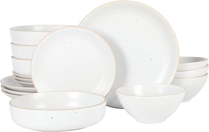Gibson Home Dinah 16-Piece Matte White Stoneware Dinnerware Set – Double Bowl, Embossed Speckled Design, Durable Kitchen Dinnerware