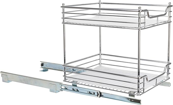 Household Essentials Glidez Chrome-Plated Steel Pull-Out/Slide-Out Storage Organizer with Plastic Liners for Under Cabinet Use - 2-Tier Design - Fits Standard Size Cabinet or Shelf, Chrome