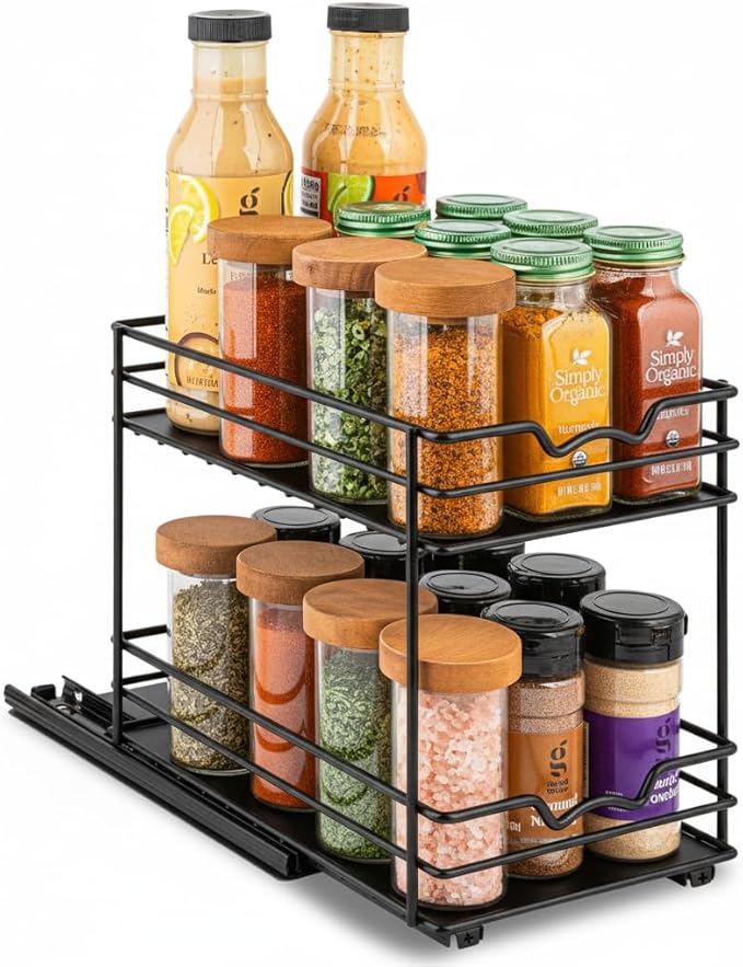 Pull Out Cabinet Organizer for Spices, Cans - Heavy Duty with Lifetime Limited Warranty- Pull Out Spice Rack- Cabinet Pull Out Shelf for Cans,Dishes, Etc, 6-1/2"Wx10-3/8"Dx8-7/8"H, Black