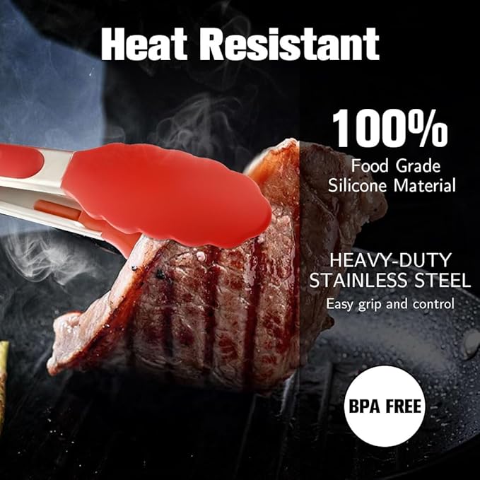 Kitchen Tongs 2 Pcs Tongs for Cooking 7 Inch 9 Inch Red Silicone Tongs Stainless Steel Locking Food Tong with Non-Slip Silicone Tips Heat Resistant Serving Tong for BBQ Grilling Salad Kitchen Utensil