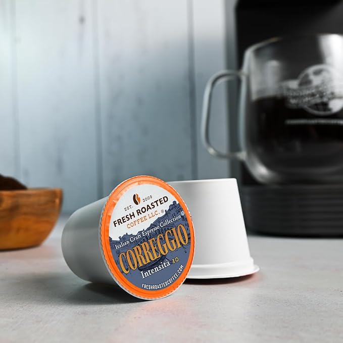 Fresh Roasted Coffee, Correggio Italian Craft Artisan Blend, Dark Roast, Kosher, 24 Pods for K cup Brewers