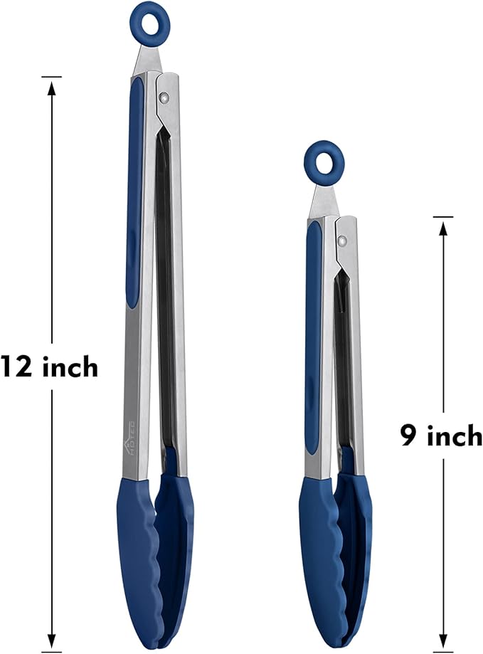 HOTEC Premium Stainless Steel Locking Kitchen Tongs with Silicon Tips, Set of 2-9" and 12", Classic Blue