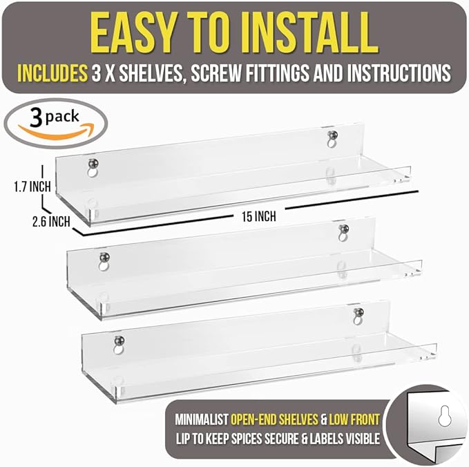 Wall Mounted Spice Rack Shelves [3-Pack] - Clear Acrylic 15" Spice Shelves with Open Shelf Ends