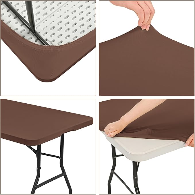 10 Pack Fitted Tablecloth for 6 Foot Rectangle Tables, Coffee Elastic Outdoor Picnic Table Cover, Washable Stretch Folding Table Cloths 6 ft for Camping Party Patio Kitchen Banquet, 30" W x 72" L