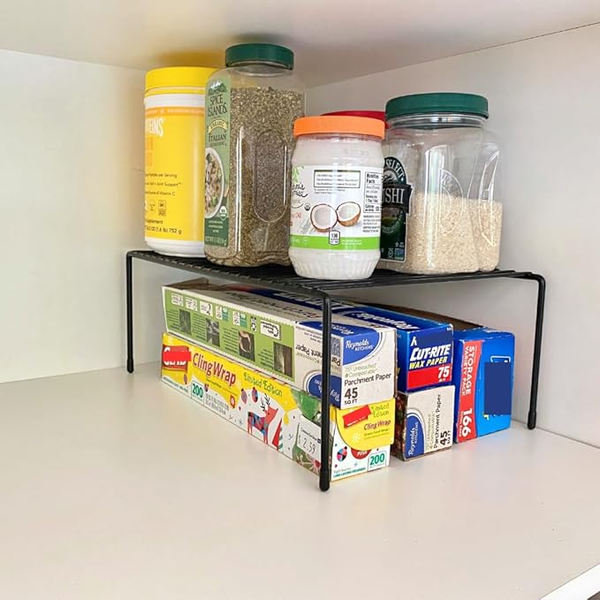 Evelots Kitchen Cabinet Wire Shelf Organizer/Rack - 4 Pack Sturdy Large Metal Shelf Risers - Double Your Counter Space - Great for Kitchen, Freezer, Pantry and Bathroom - Rustproof - Black