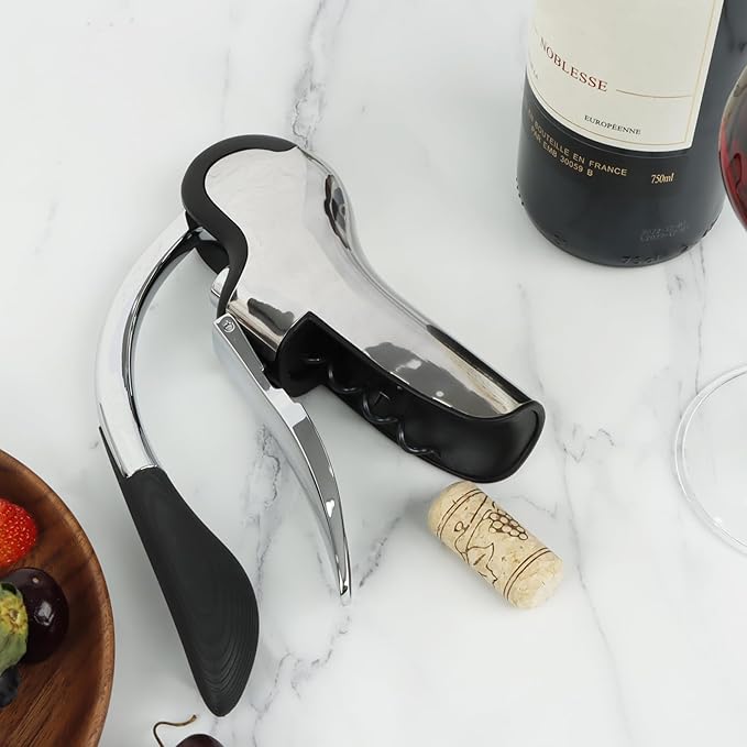 KAYCROWN Stainless Steel Wine Bottle Opener, Vertical Lever Corkscrew with Built-in Foil Cutter Design, Manual Handheld Corkscrew with Ergonomic Lever Pump