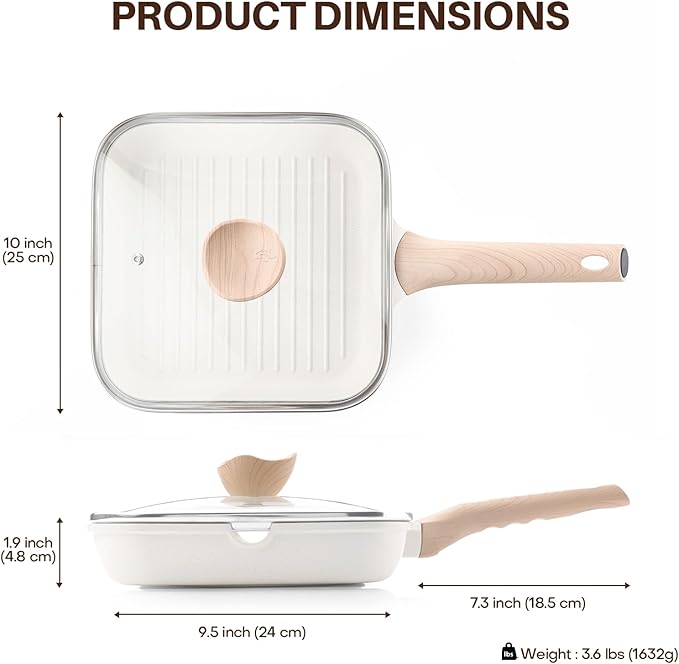 Kordisen Nonstick Grilling Pan with Lid for Stove Tops, 9.5 Inch Square Grill Pan for Indoor Cooking, Healthy Coating Grill Skillet with Pour Spouts, Versatile Griddle, Induction Steak Pan, White