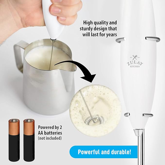 Zulay Kitchen Premium Gift Milk Frother Complete Set - Handheld Foam Maker, Stencils & Frother Set - Whisk Drink Mixer for Coffee - Mini Blender for Cappuccino, Frappe