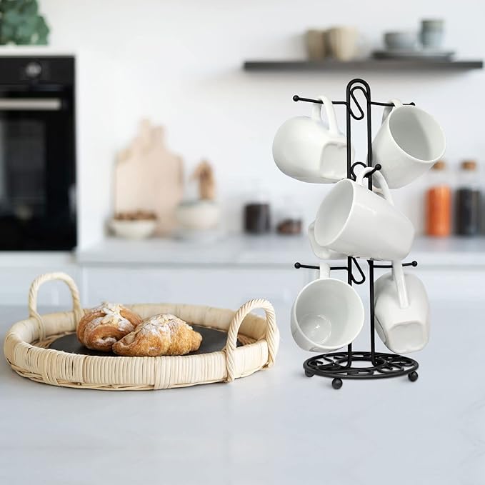 Blue Donuts Farmhouse Coffee Mug Rack, Coffee Mug Tree for 6 Mugs, Coffee Cup Holders for Counter, Black Coffee Cup Holder Countertop Organizer for Kitchen, Vintage Mug Rack
