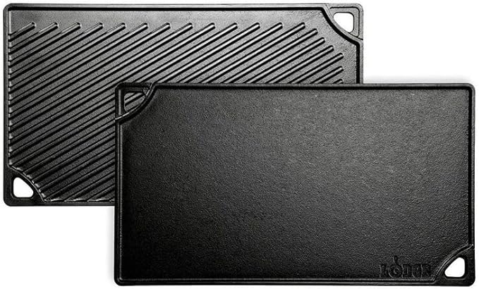Lodge LDP3 Reversible Grill/Griddle, 9.5-inch x 16.75-inch & LGP3 Rectangular Cast Iron Grill Press, Pre-Seasoned, 6.75-inch x 4.5-inch