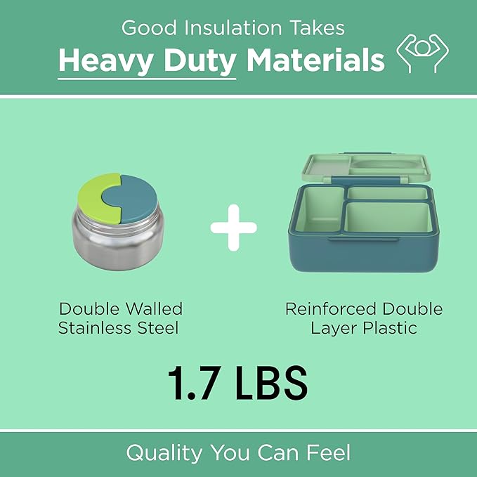 OmieBox Bento Box for Kids - Insulated Bento Lunch Box with Leak Proof Thermos Food Jar - 3 Compartments, Two Temperature Zones - (Meadow)