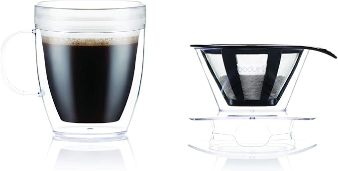 Bodum 12oz Pour Over Coffee Dripper Set w/Double Wall Mug and Reusable Permanent Filter, Plastic, BPA-Free, Clear