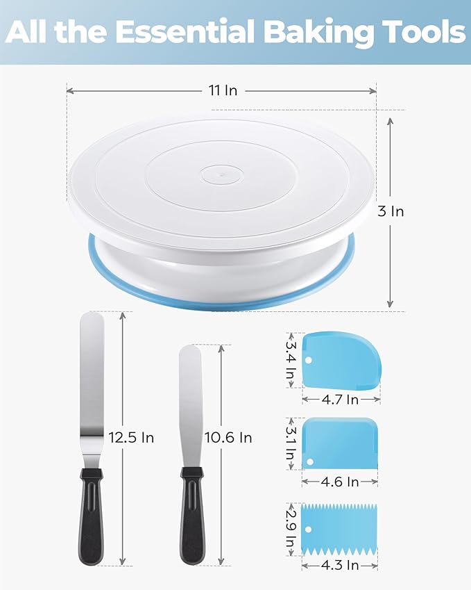 Kootek Cake Decorating Kit Baking Supplies Set Cake Turntable with 2 Frosting Straight Angled Spatula 3 Icing Smoother Scrapers Baking Accessories Tools for Beginners and Pros, Blue