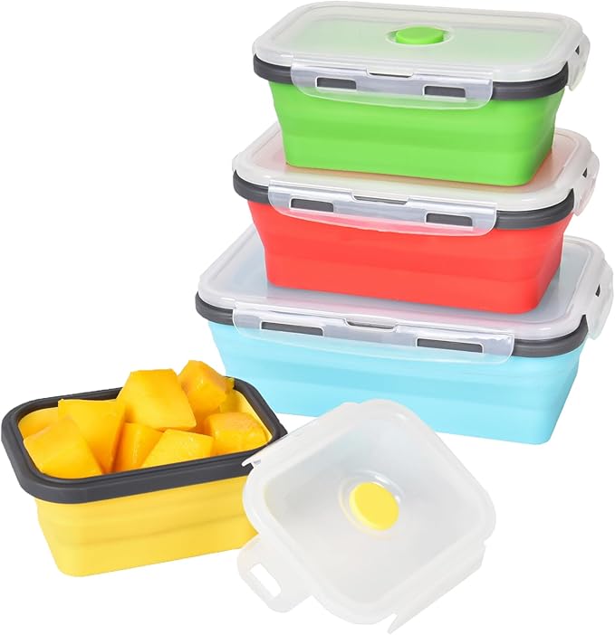 KUON Collapsible Silicone Food Storage Containers, Set of 4 Kitchen Collapsible Bowls with Airtight Lids, BPA Free, Microwave and Freezer and Dishwasher Safe (4 Colors)