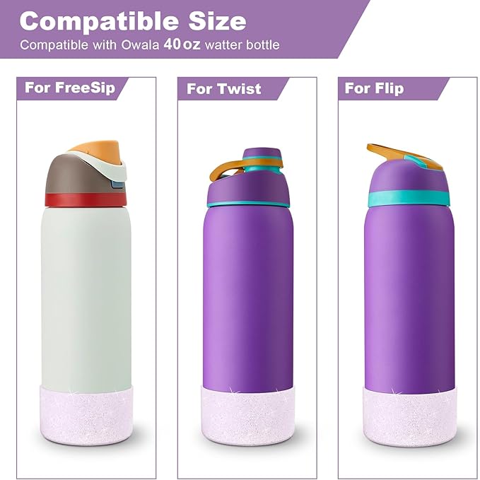 2PCS Glitter Silicone Boot for Owala Water Bottle, Anti-Slip Protective Sleeve for Owala Twist,FreeSip and Flip Stainless Steel Water Bottle, BPA-Free, Dishwasher Safe, Accessories