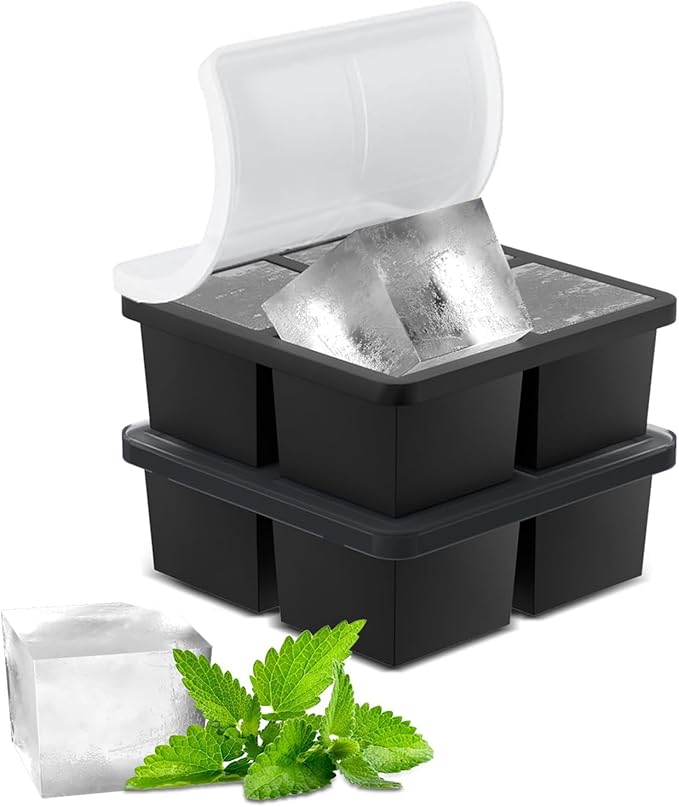 Samuelworld Large Ice Cube Tray: 2025 Upgraded 4 Grid Silicone Square Ice Cube Mold For Small Refrigerator, 2 Inch Large Cubed Ice Trays for Cocktail, Big Cube Ice Maker Mold (2 Pack, Black)