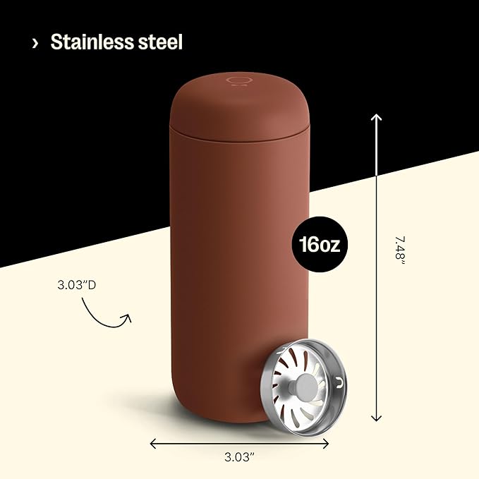 Fellow 16 oz Carter Move Travel Mug - Vacuum-Insulated Stainless Steel Travel Coffee Mug - Coffee Tumbler with Ceramic Interior and Splash Guard - Sienna