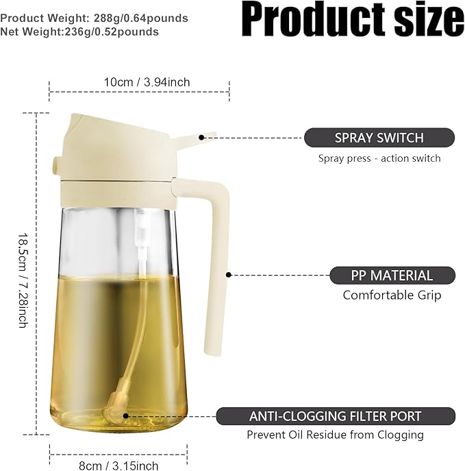 2 in 1 Glass Oil Sprayer & Dispenser,16oz/470ml Olive Cooking, Air Fryer, and Salad, for Kitchen Gadgets and Air Fryer Accessories, w/Stickers (White)