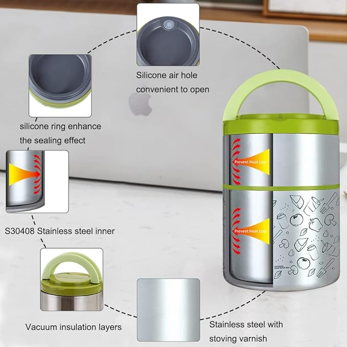 Lille Home Vacuum Insulated Stackable Stainless Steel Thermal Lunch/Snack box, 2-Tier Bento/Food Container with Lunch bag, Smart Diet, Weight Control, 32 Ounces