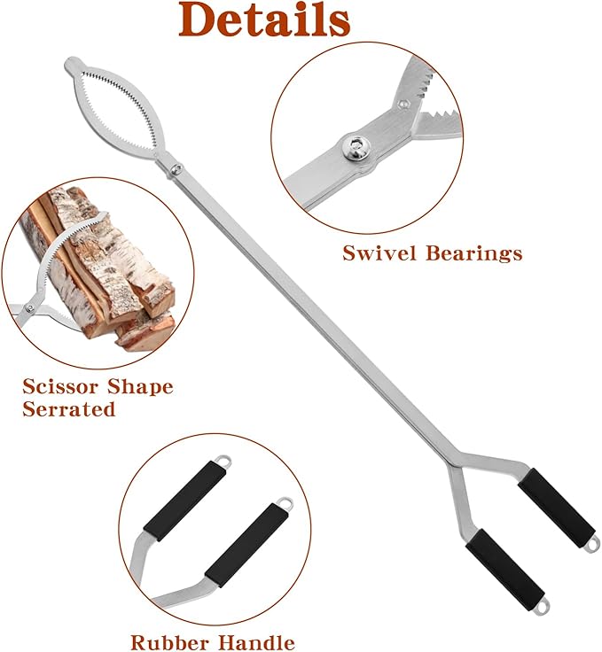 40" Stainless Steel Fire Log Tongs Firewood Grabber and Fire Poker Set,Large Fire Pit Tool Outdoor/Indoor Bonfire Campfire Backyard Deck Camping Log Grabber Safely Moves Firewood