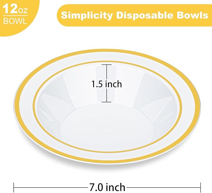 BESTVIP 200 Pack Plastic Bowls with Gold Rim, 12 Oz Disposable Bowls Disposable Bowls for Parties, Wedding, Christmas, Thanksgiving, Soak Proof Bowls for Breakfast, Lunch, and Dinner Meals