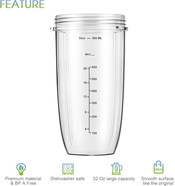 New Blender Cup and Blade Replacement Parts 32oz Cup and Extractor Blade and 2 Rubber Gaskets 4-Piece Compatible with NutriBullet High-Speed Blender/Mixer System 600W/900W Series