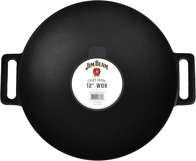 Jim Beam 12'' Pre Seasoned Heavy Duty Construction Cast Iron Grilling Wok, Griddle and Stir Fry Pan