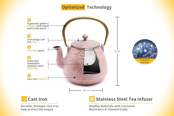 Cast Iron Teapot, TOPTIER Japanese Cast Iron Tea Pot with Infuser for Loose Leaf and Tea Bags, Stovetop Safe Cast Iron Tea Kettle Coated with Enameled Interior for 40 oz (1200 ml), Blush Pink