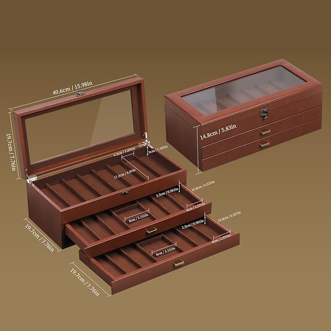 AUTOARK 3-Tier PU Leather & Velvet Knife Organizer with 26 Slots,Transparent Glass Top & Drawer,Compact Storage for Pocket Knives,Ideal for Men's Collections & Gifts,Coffee,MKAW013