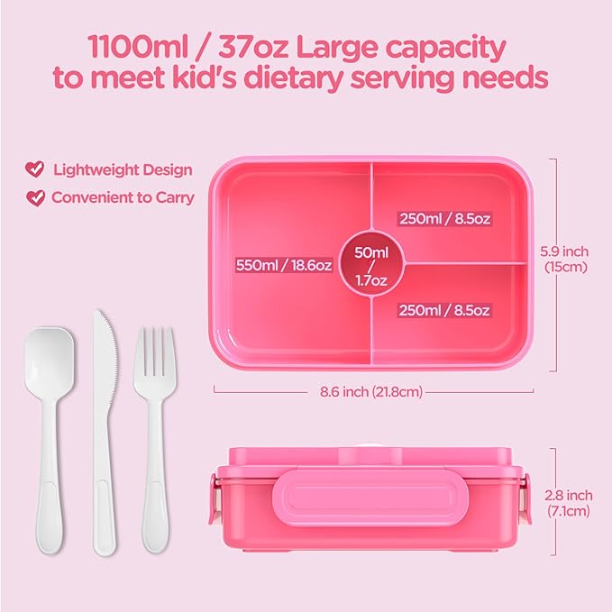 Jelife Kids Lunch Bento Box, Large Bento-Style Leakproof Boxes 4 Compartments Girls Snack Containers with Tableware for Back to School, Reusable On-the-Go Meal and Packing, Pink