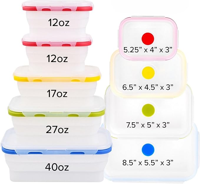 ECOBERI Collapsible Silicone Food Storage Containers, BPA Free, Microwave, Freezer and Dishwasher Safe, Lunch, Meal Prep, Travel, Space-Saving, Set of 5