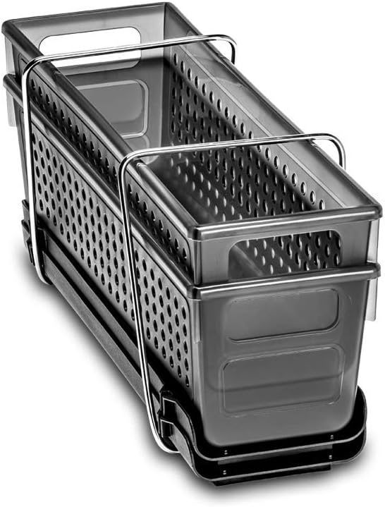 Madesmart 2-Tier Plastic Mini Multipurpose Organizer with Divided Slide-Out Storage Bins, Compact Under Sink and Cabinet Organizer Rack, Carbon