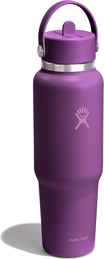 Hydro Flask Travel Water Bottle - Insulated Stainless Steel - Wide Straw Lid, Non Spill, Leakproof in 40 Oz Beachplum Purple
