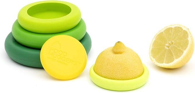Food Huggers 5pc Reusable Silicone Food Savers | BPA Free & Dishwasher Safe | Fruit & Vegetable Produce Storage for Onion, Tomato, Lemon, Banana, Cans & More | Round, Fresh Greens