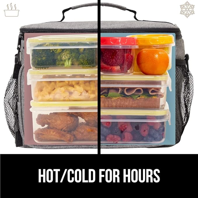 GORILLA GRIP Reusable Insulated Lunch Box Bag for Women Men, Large Leakproof Soft Cooler Bags, Multiple Compartments, Mesh Pockets, Adjustable Strap, Food Tote Keeps Drinks Cold, 8L, 10x9, Light Gray
