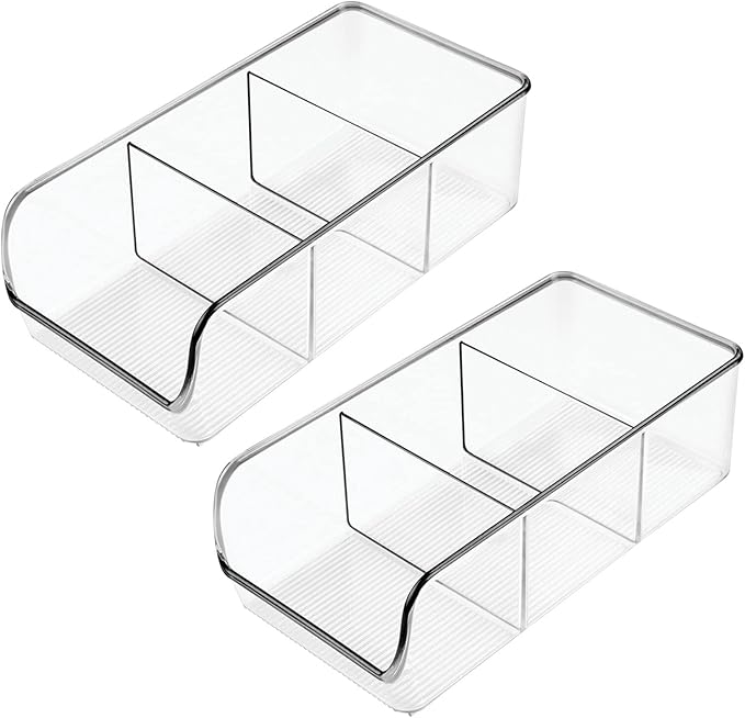 mDesign Plastic Food Storage Bin Organizer with 3 Compartments for Kitchen Cabinet, Pantry, Shelf, Drawer, Fridge, Freezer Organization - Holds Snack Bars - Ligne Collection - 2 Pack - Clear