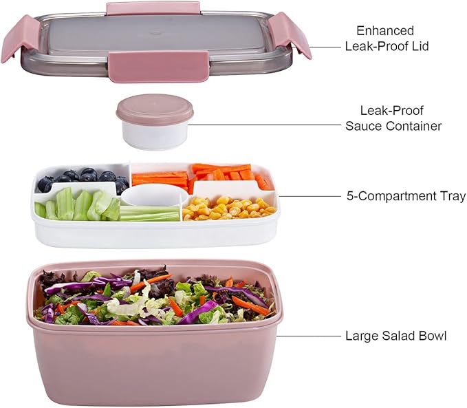Caperci Large Salad Lunch Container - Adult Bento Lunch Box with 68 oz Salad Bowl, 5-Compartment Tray, 2pcs 3-oz Sauce Cups, Stackable, BPA-Free (Pink)