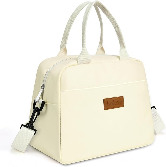 LOKASS Lunch Bag for Women-Insulated Adults Lunch Box with Front Pocket- Small Cute Lunch Tote for Work-Reusable Cooler Bag for Office Picnic Beach or Travel（Beige）