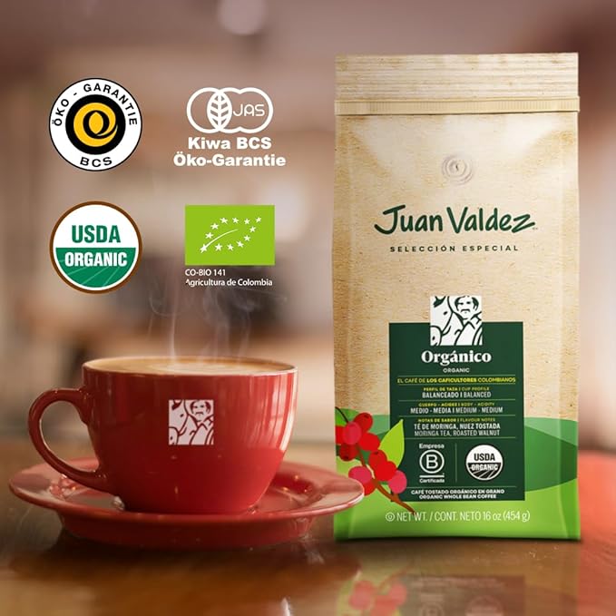 Juan Valdez Organic Whole Bean Coffee - Balanced Roast | 100% Colombian Arabica Beans | 100% Colombian Coffee - Balanced Profile with Moringa & Nutty Notes | Certified USDA Organic | 16 oz / 454 gr