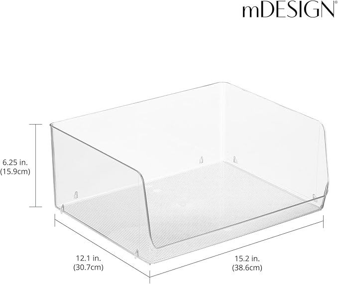 mDesign Extra Wide Stackable Plastic Food Storage Organizer Bin Basket with Open Front for Household Kitchen Cabinets, Pantry, Offices, Closets, Bedrooms, Bathrooms - 15.2" Wide, 2 Pack - Clear