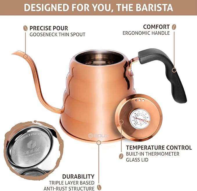 OPUX Pour Over Coffee Kettle with Gooseneck | Stainless Steel 40 oz, Stovetop Induction Goose Necked Kettle Slow Pour Drip Spout (1.2 Liter, 40 fl oz) Copper