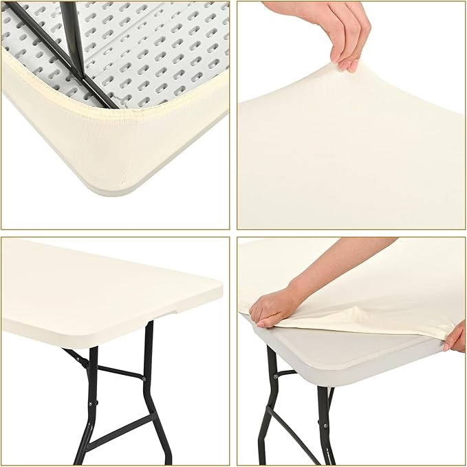10 Pack Fitted Tablecloth for 6 Foot Rectangle Tables, Ivory Elastic Outdoor Picnic Table Cover, Washable Stretch Folding Table Cloths 6 ft for Camping Party Patio Kitchen Banquet, 30" W x 72" L